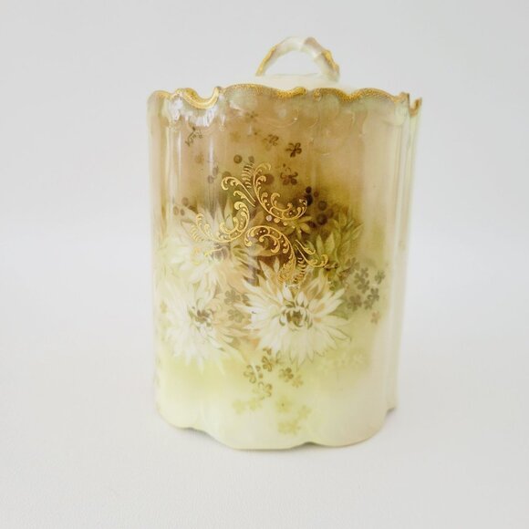 Antique Rosenthal Monbijou Brown & Green Floral Biscuit Cracker Cookie Jar - Picture 13 of 16